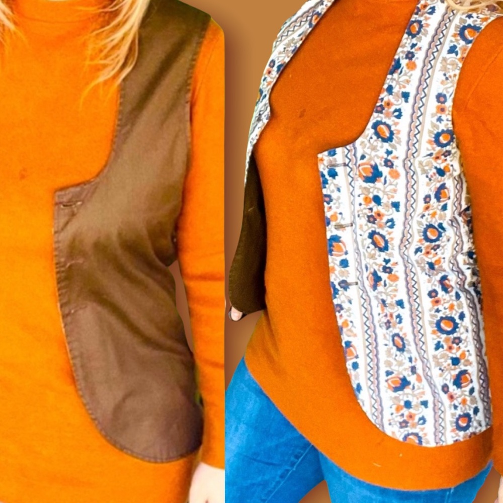 Vintage 60s 70s brown vest with floral reversible small